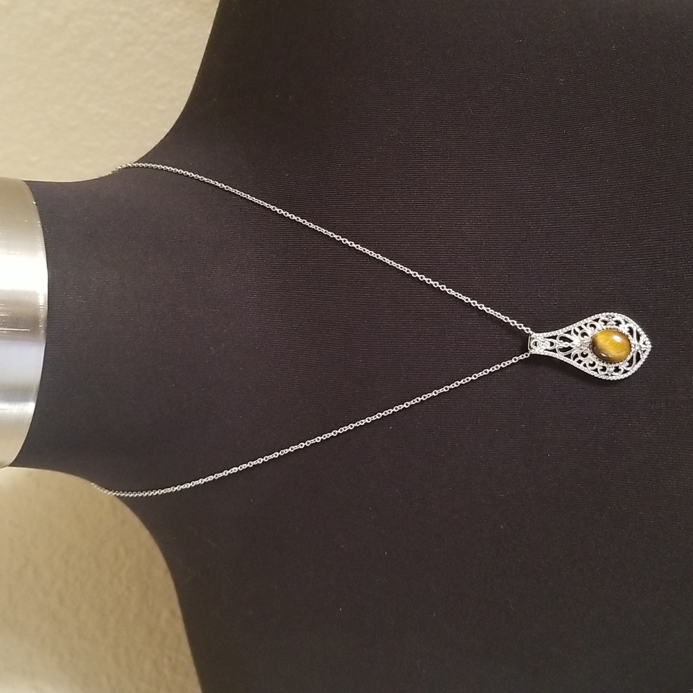 Silver Filigree Oval Genuine Tigers Eye Necklace